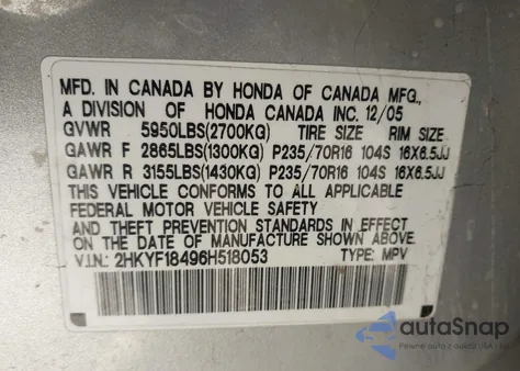 2006 Honda Pilot Ex from USA, damaged, VIN 2HKYF18496H518053